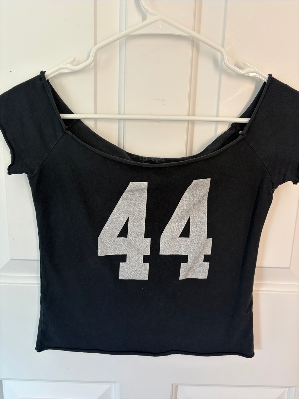 Brandy Melville Black Off-Shoulder Crop Top with Silver '44' Graphic